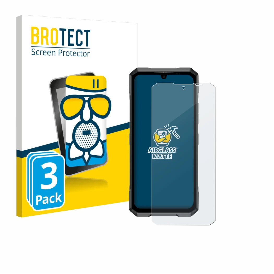 Parte frontal de un envase de producto con el logotipo de la marca BROTECT. Al lado se muestra el dispositivo Doogee Blade GT 