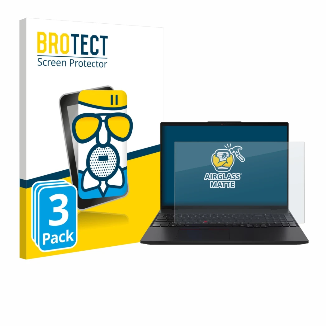 Parte frontal de un envase de producto con el logotipo de la marca BROTECT. Al lado se muestra el dispositivo Lenovo ThinkPad 