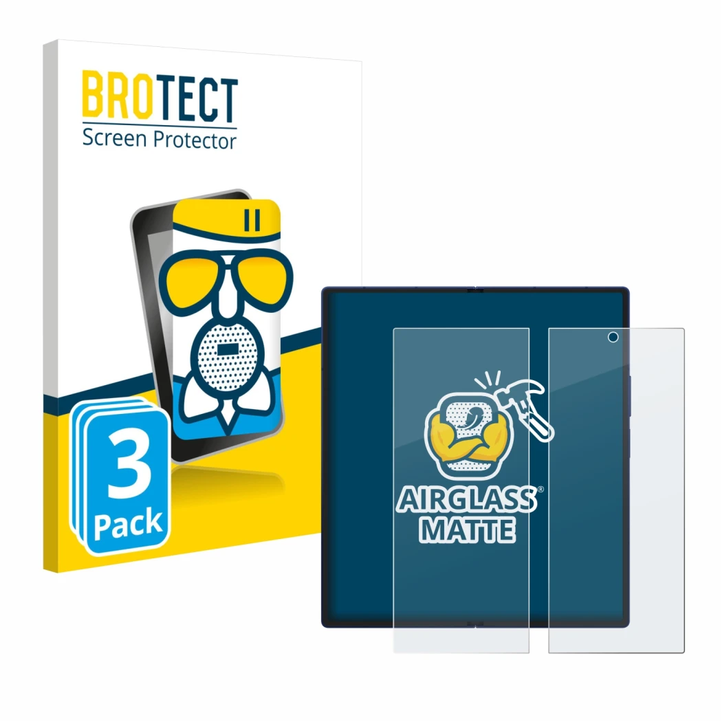 Parte frontal de un envase de producto con el logotipo de la marca BROTECT. Al lado se muestra el dispositivo Samsung Galaxy Z