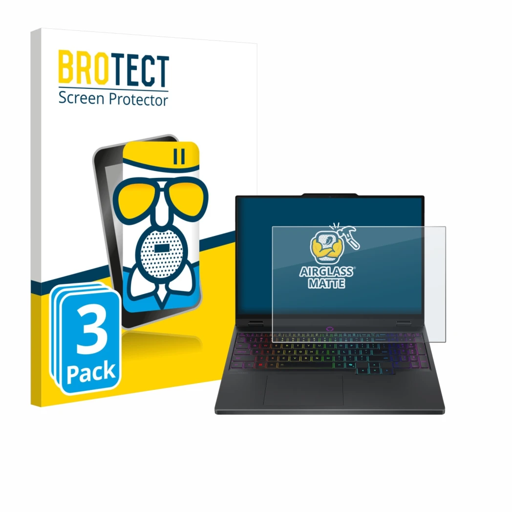 Parte frontal de un envase de producto con el logotipo de la marca BROTECT. Al lado se muestra el dispositivo Lenovo Legion 5 