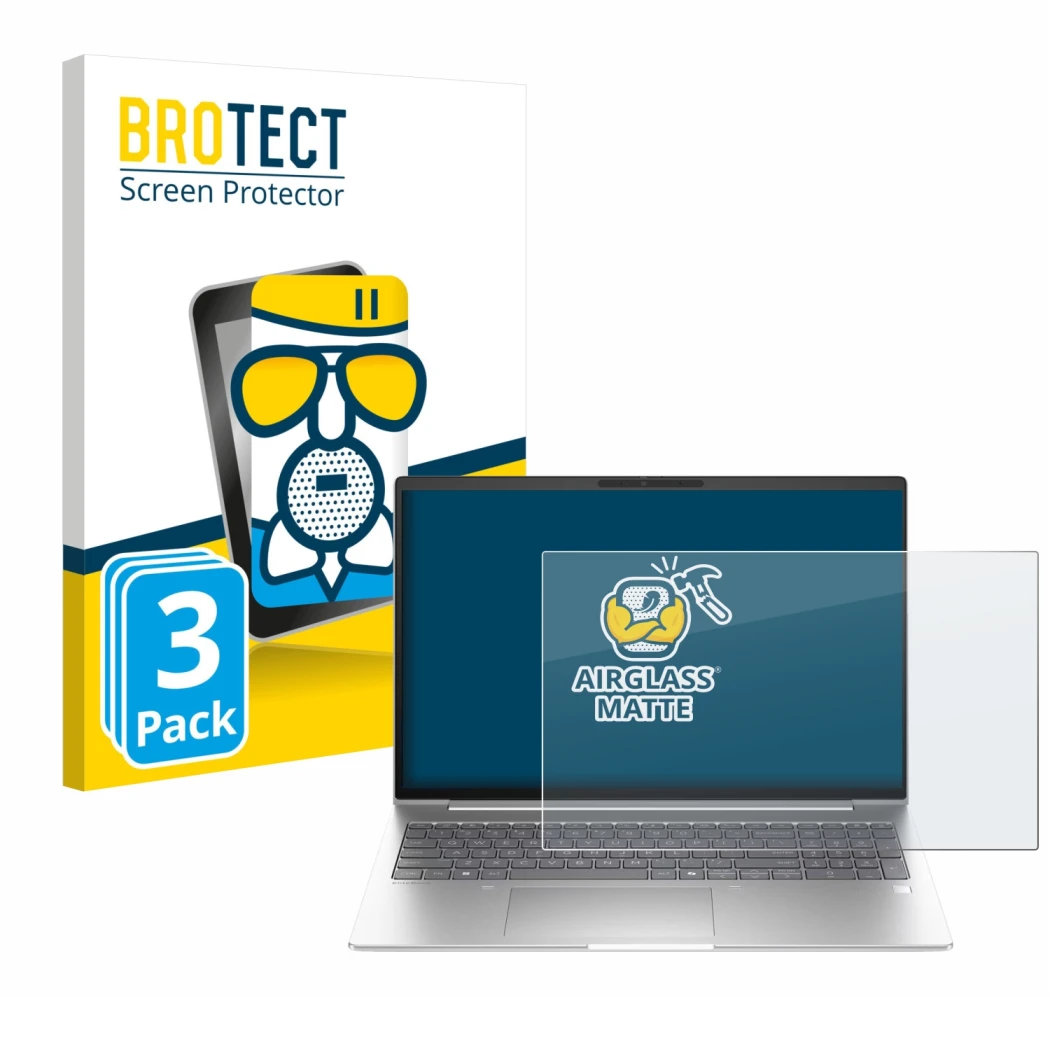 Parte frontal de un envase de producto con el logotipo de la marca BROTECT. Al lado se muestra el dispositivo HP EliteBook 6 G