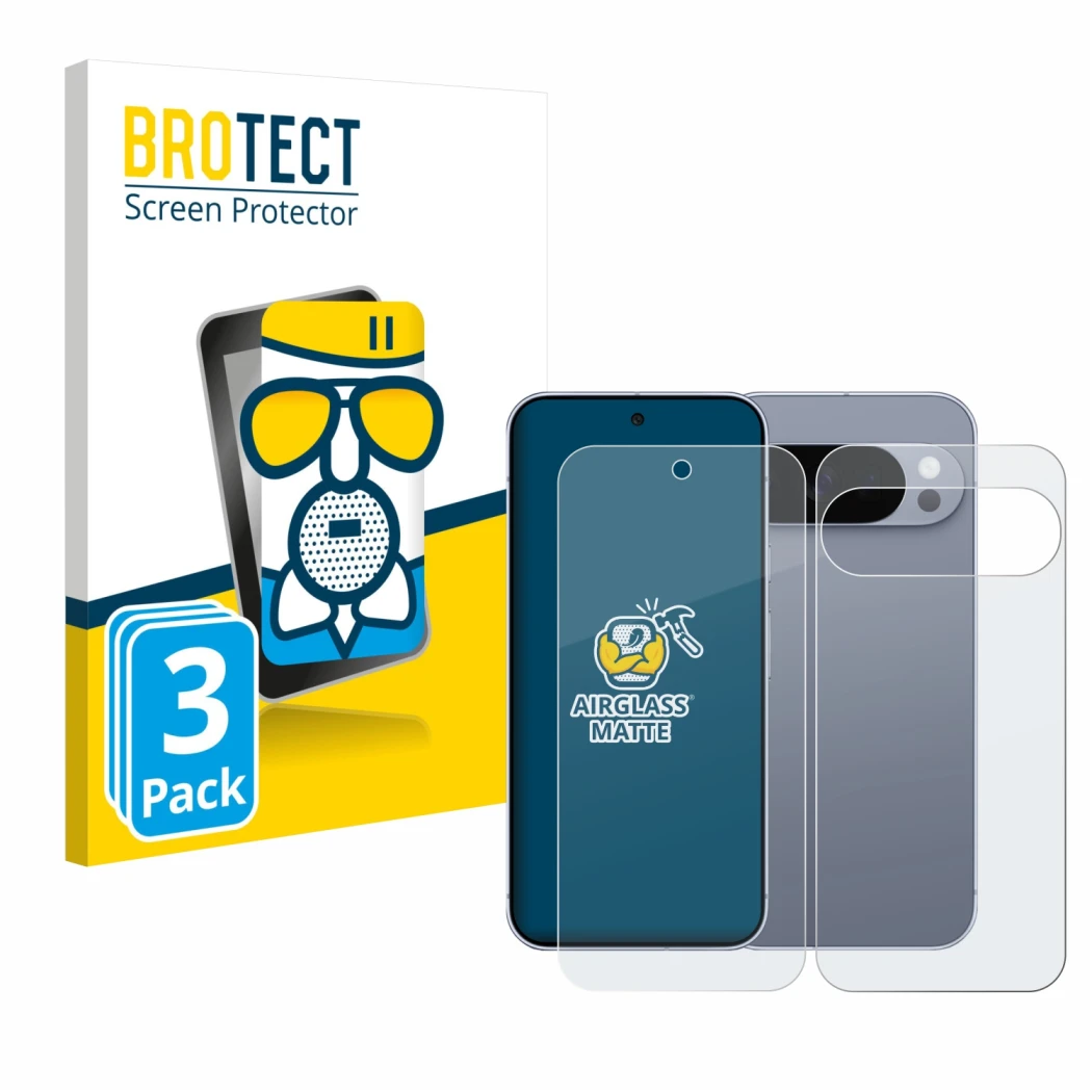 Parte frontal de un envase de producto con el logotipo de la marca BROTECT. Al lado se muestra el dispositivo Google Pixel 10 