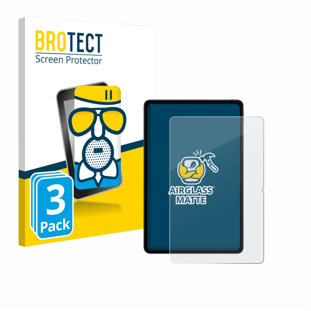 Parte frontal de un envase de producto con el logotipo de la marca BROTECT. Al lado se muestra el dispositivo Xiaomi Redmi Pad