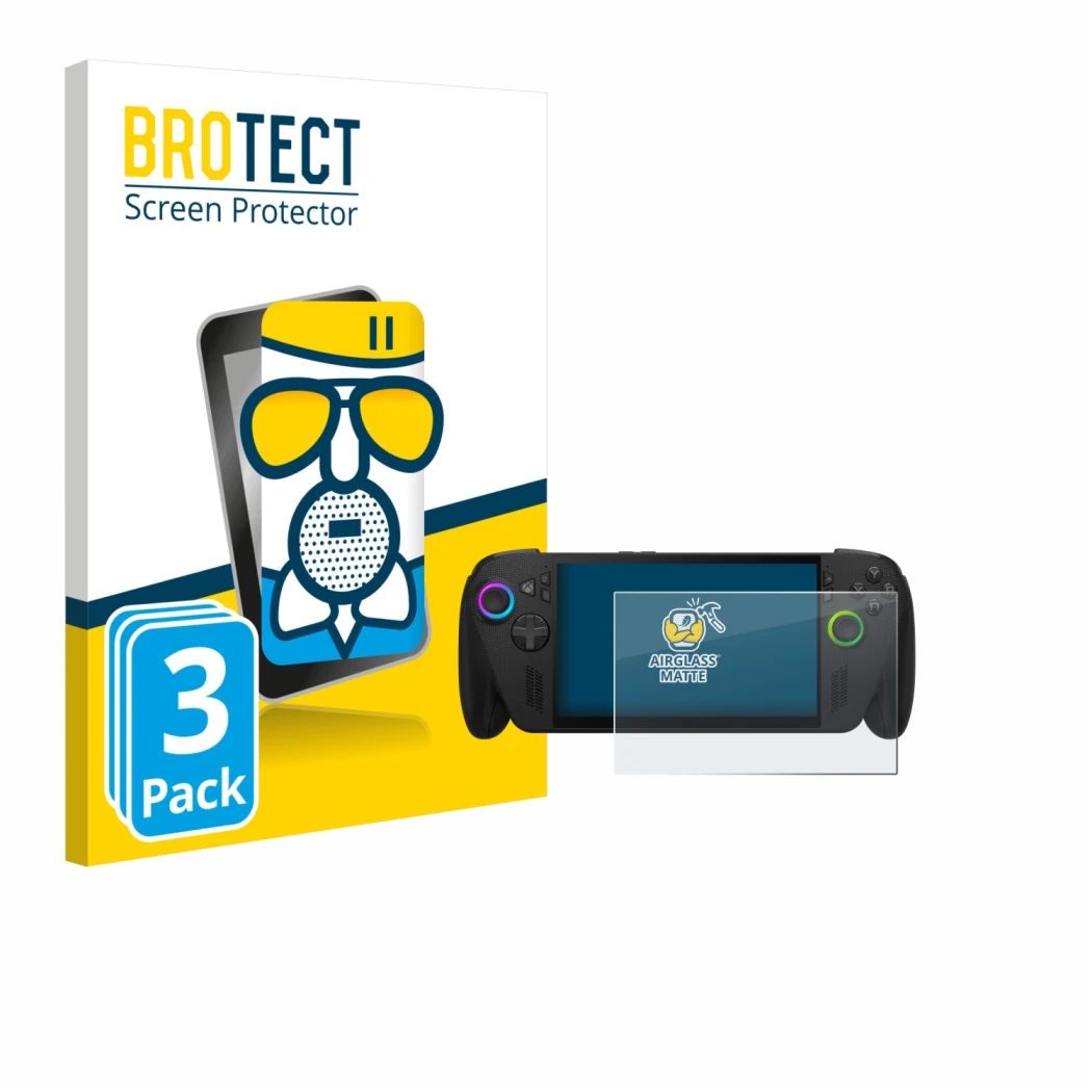 Parte frontal de un envase de producto con el logotipo de la marca BROTECT. Al lado se muestra el dispositivo ASUS ROG Ally X 