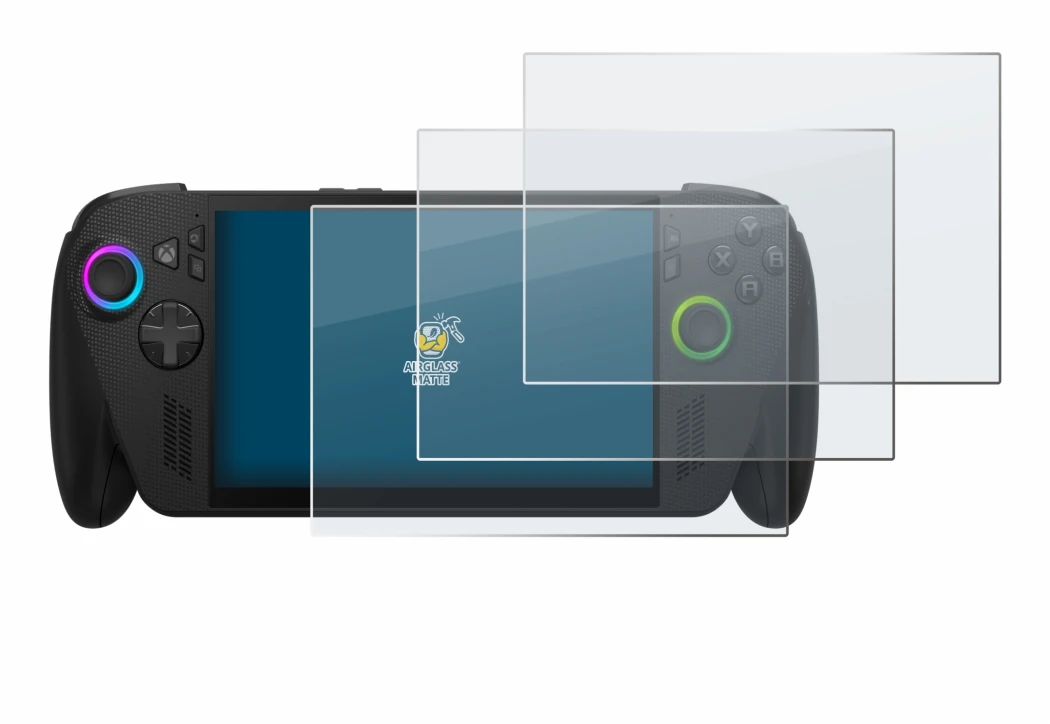 Imagen del dispositivo ASUS ROG Ally X 2025 con una amplia variedad de protectores de pantalla.