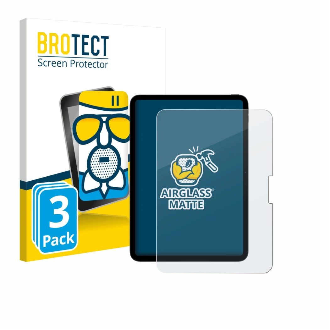 Parte frontal de un envase de producto con el logotipo de la marca BROTECT. Al lado se muestra el dispositivo Apple iPad Pro 1