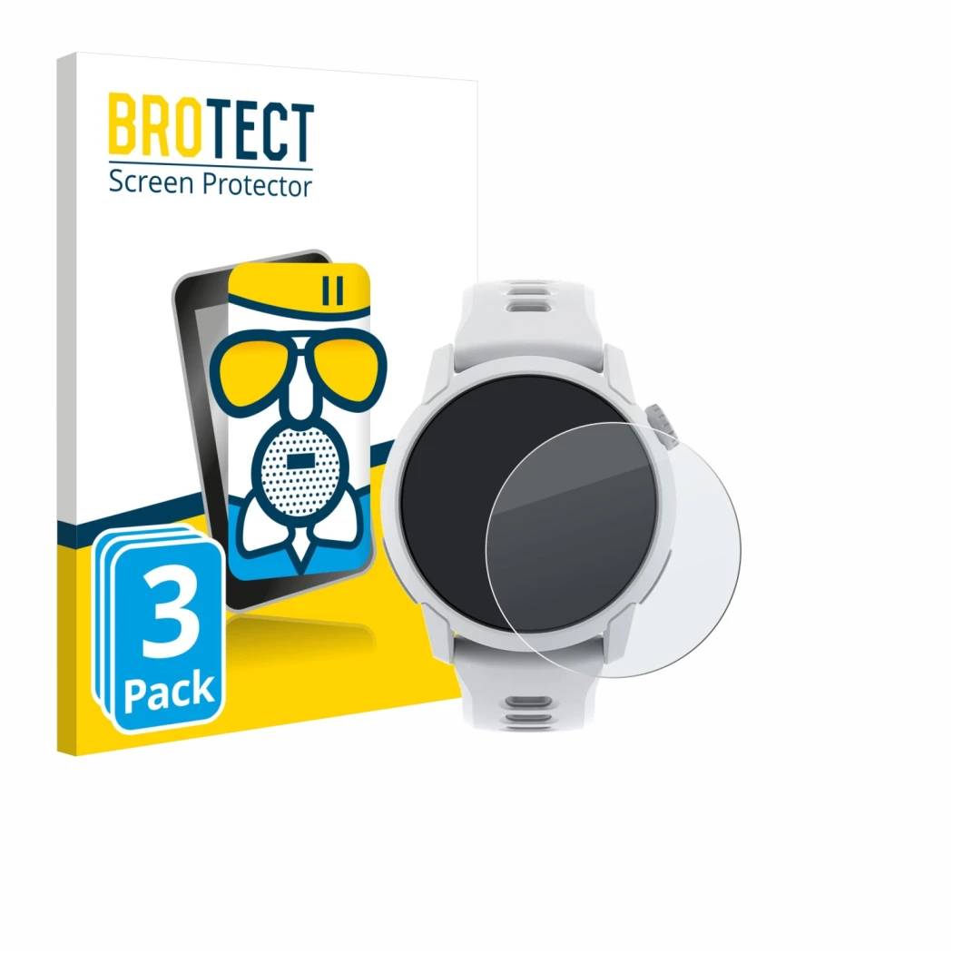 Parte frontal de un envase de producto con el logotipo de la marca BROTECT. Al lado se muestra el dispositivo Coros Pace 4 con