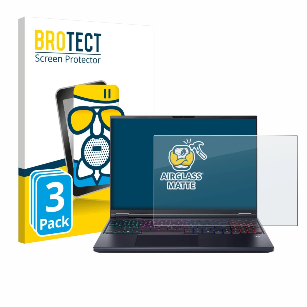 Parte frontal de un envase de producto con el logotipo de la marca BROTECT. Al lado se muestra el dispositivo Acer Predator He