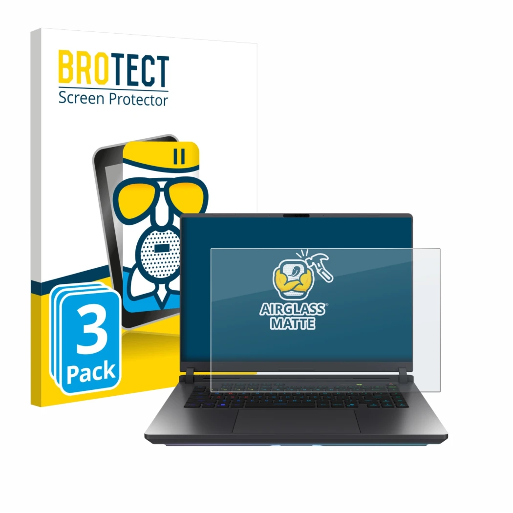 Parte frontal de un envase de producto con el logotipo de la marca BROTECT. Al lado se muestra el dispositivo ASUS ROG Strix G