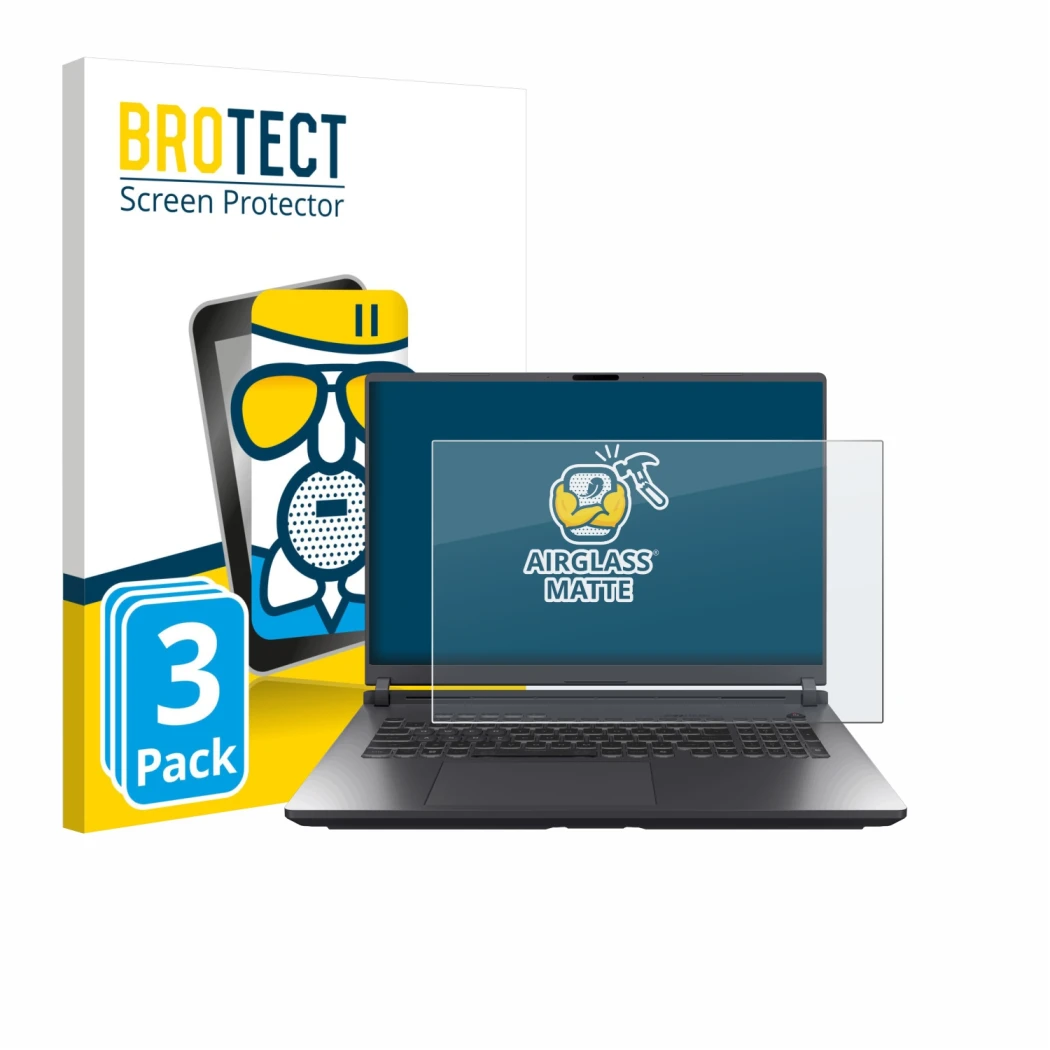 Parte frontal de un envase de producto con el logotipo de la marca BROTECT. Al lado se muestra el dispositivo ASUS ROG Strix G