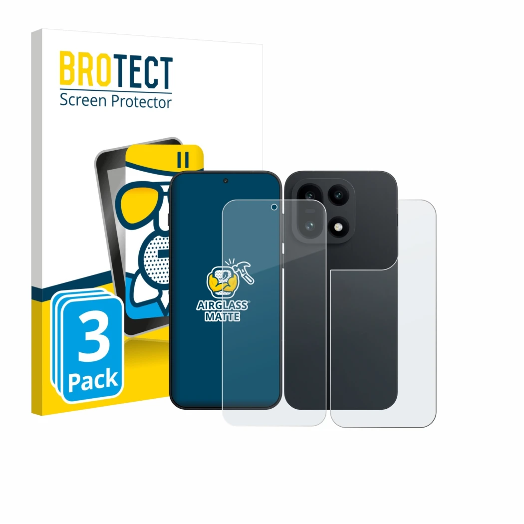 Parte frontal de un envase de producto con el logotipo de la marca BROTECT. Al lado se muestra el dispositivo OnePlus 15 (Fron