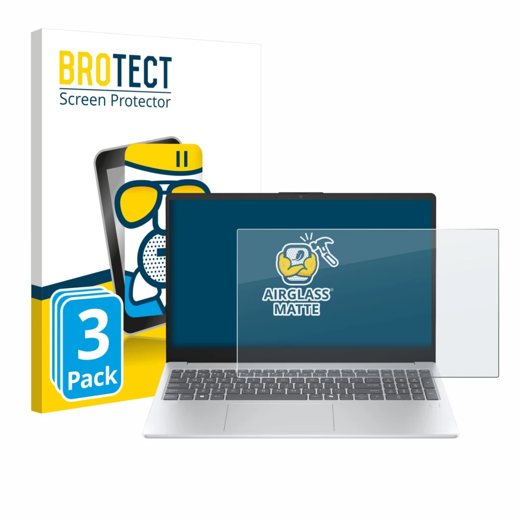 Parte frontal de un envase de producto con el logotipo de la marca BROTECT. Al lado se muestra el dispositivo HP OmniBook 3 14