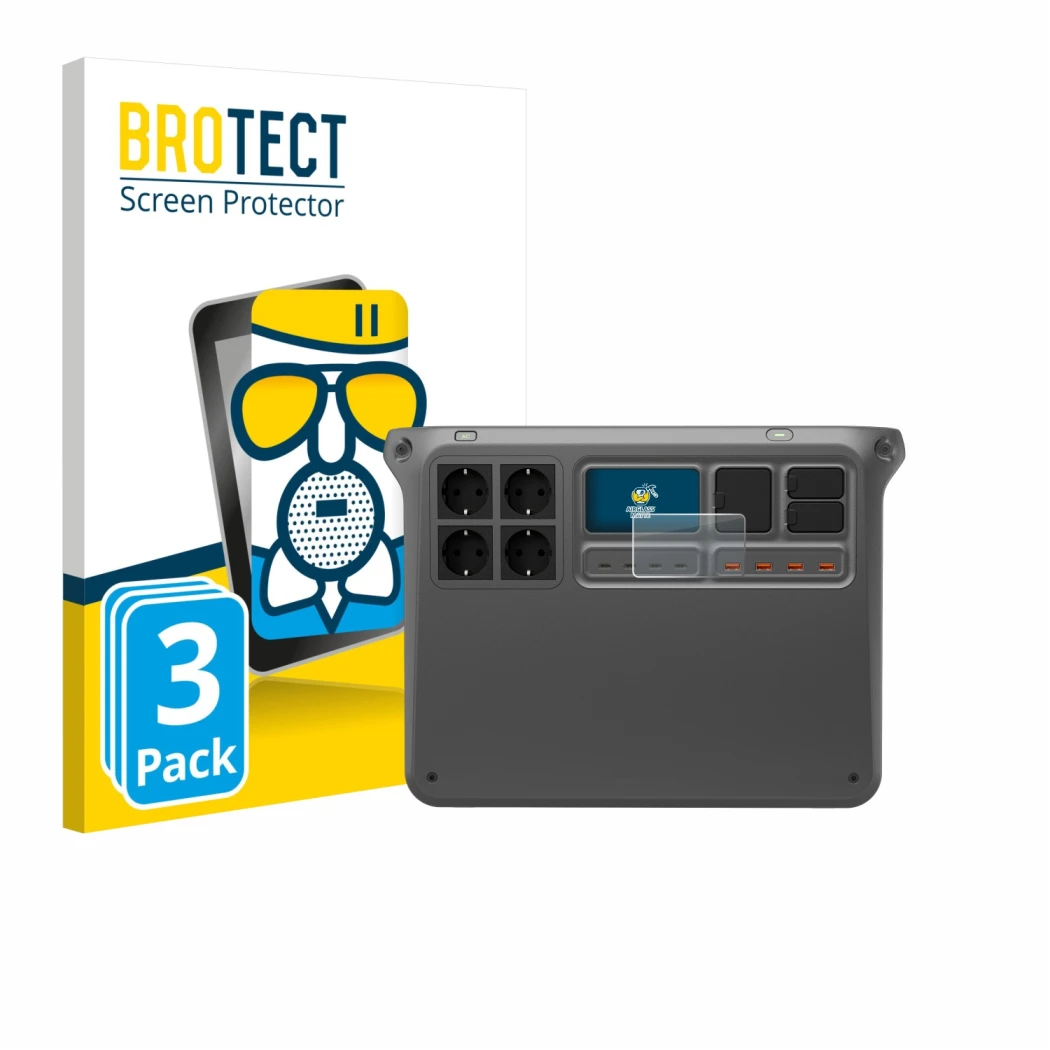 Parte frontal de un envase de producto con el logotipo de la marca BROTECT. Al lado se muestra el dispositivo DJI Power 2000 c