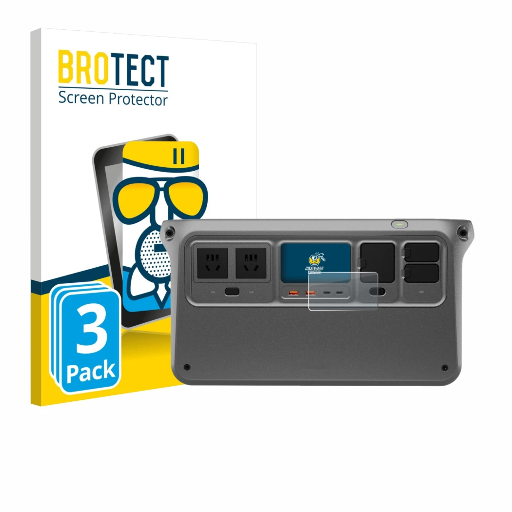 Parte frontal de un envase de producto con el logotipo de la marca BROTECT. Al lado se muestra el dispositivo DJI Power 1000 V