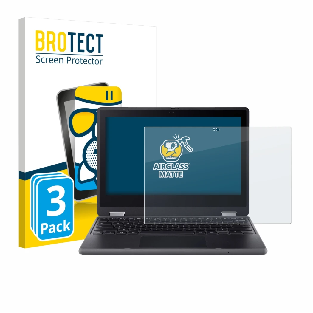 Parte frontal de un envase de producto con el logotipo de la marca BROTECT. Al lado se muestra el dispositivo Acer Chromebook 