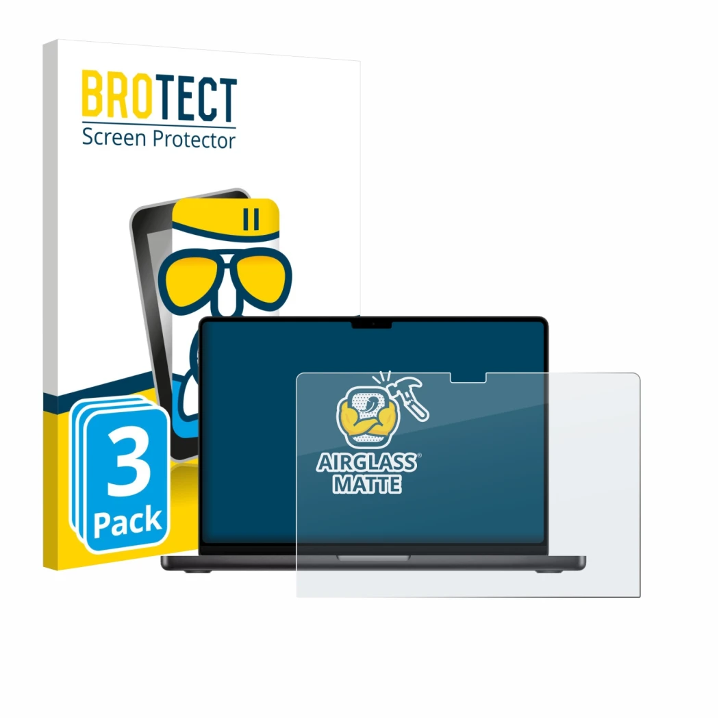 Parte frontal de un envase de producto con el logotipo de la marca BROTECT. Al lado se muestra el dispositivo Apple MacBook Pr