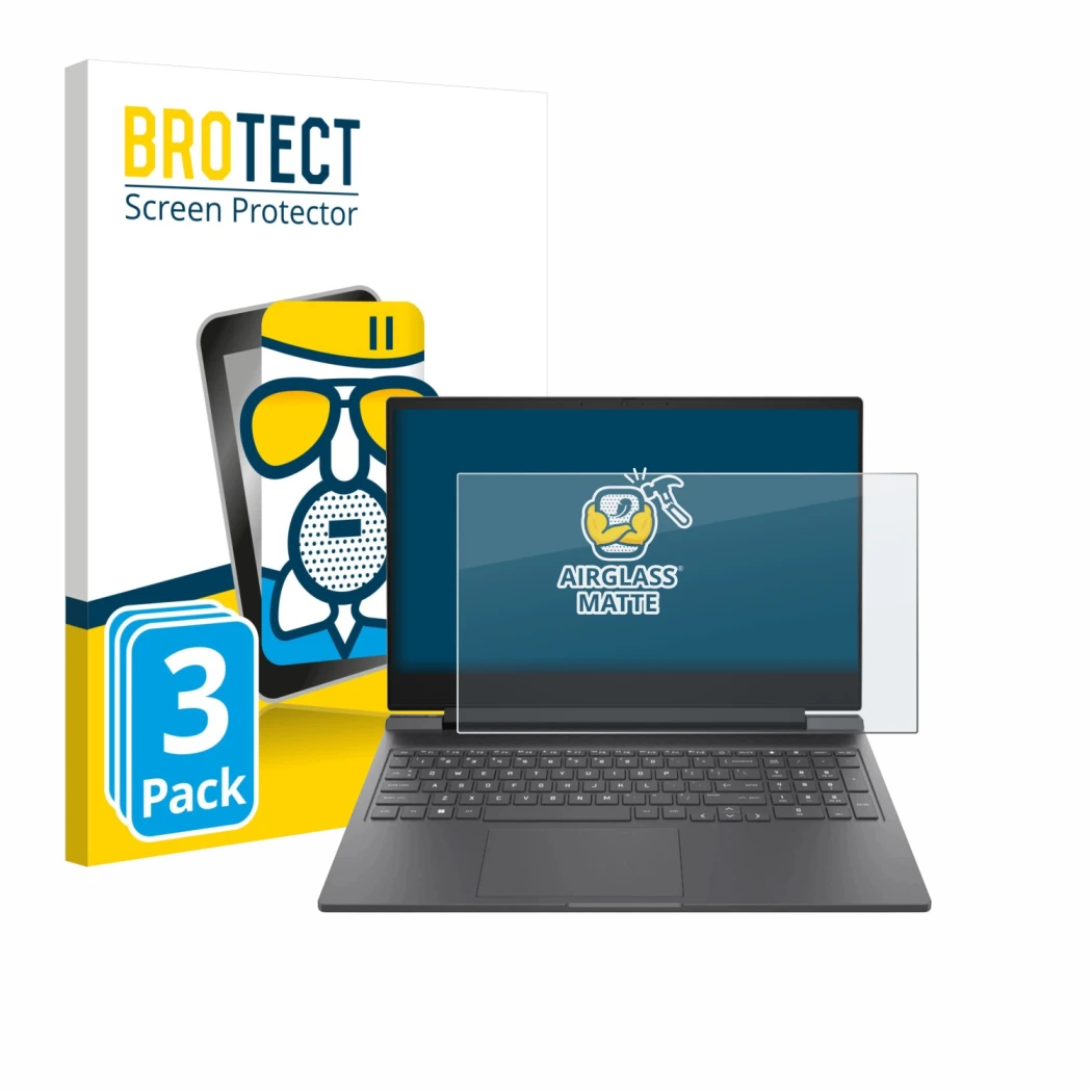 Parte frontal de un envase de producto con el logotipo de la marca BROTECT. Al lado se muestra el dispositivo HP Victus 16-r00