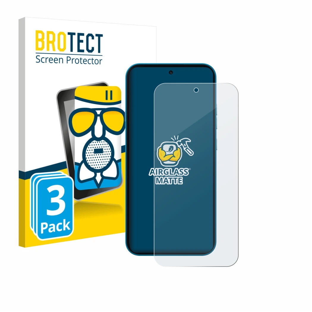 Parte frontal de un envase de producto con el logotipo de la marca BROTECT. Al lado se muestra el dispositivo Nothing Phone (4