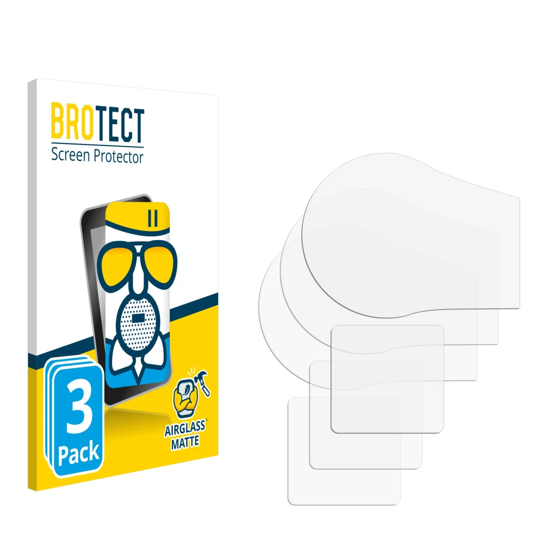 Parte frontal de un envase de producto con el logotipo de la marca BROTECT. Al lado está el protector de pantalla correspondie