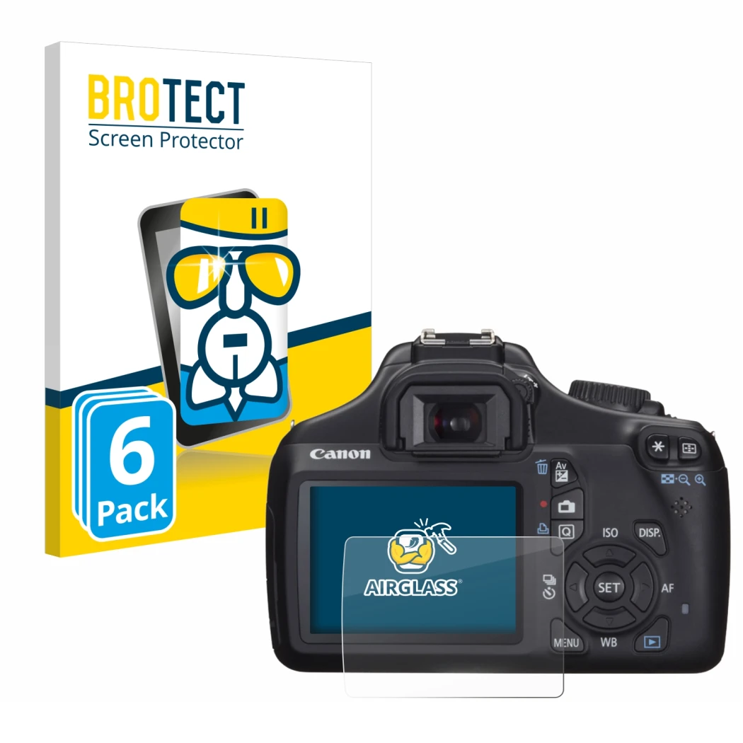 Parte frontal de un envase de producto con el logotipo de la marca BROTECT. Al lado se muestra el dispositivo Canon EOS 1100D 