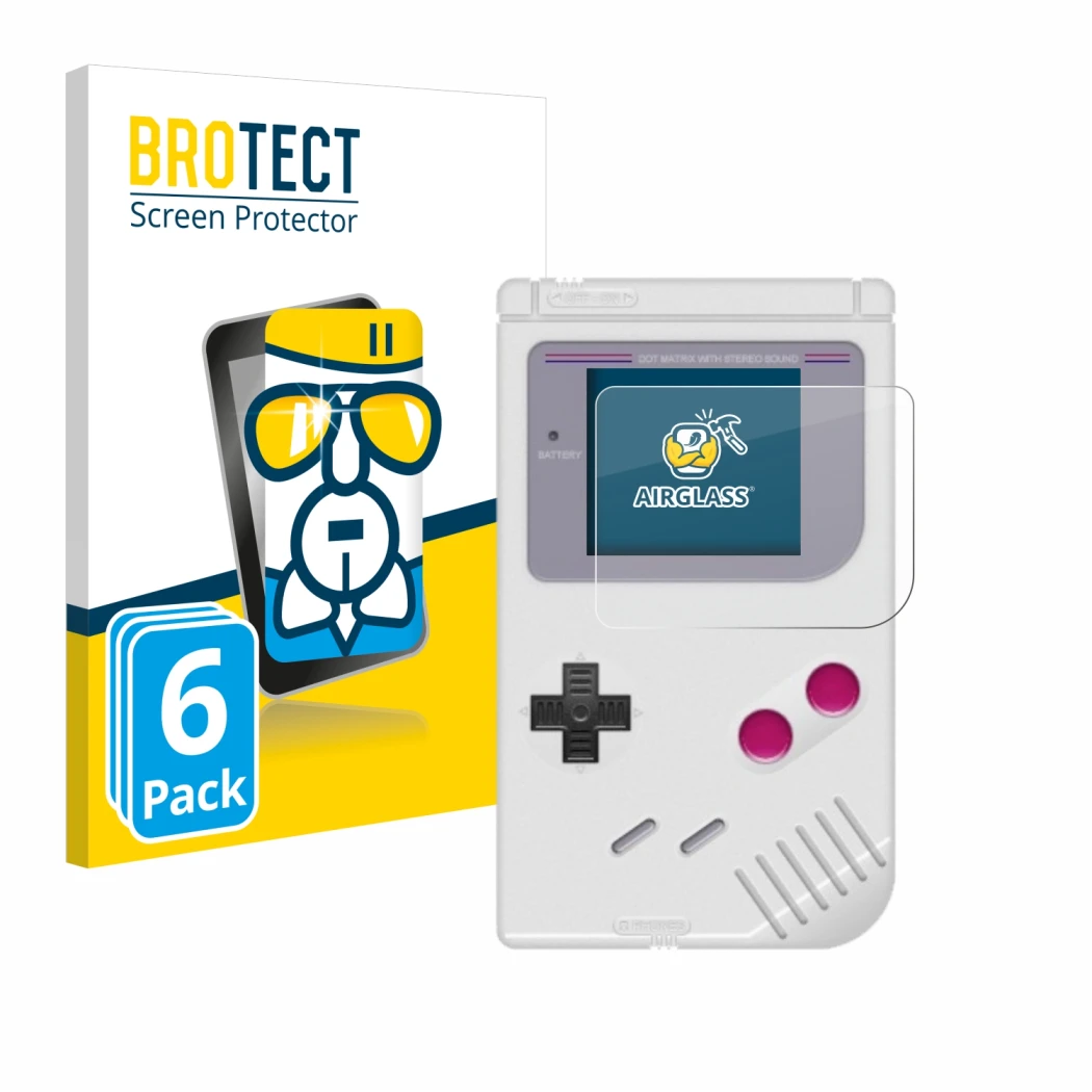 Parte frontal de un envase de producto con el logotipo de la marca BROTECT. Al lado se muestra el dispositivo Nintendo Gameboy