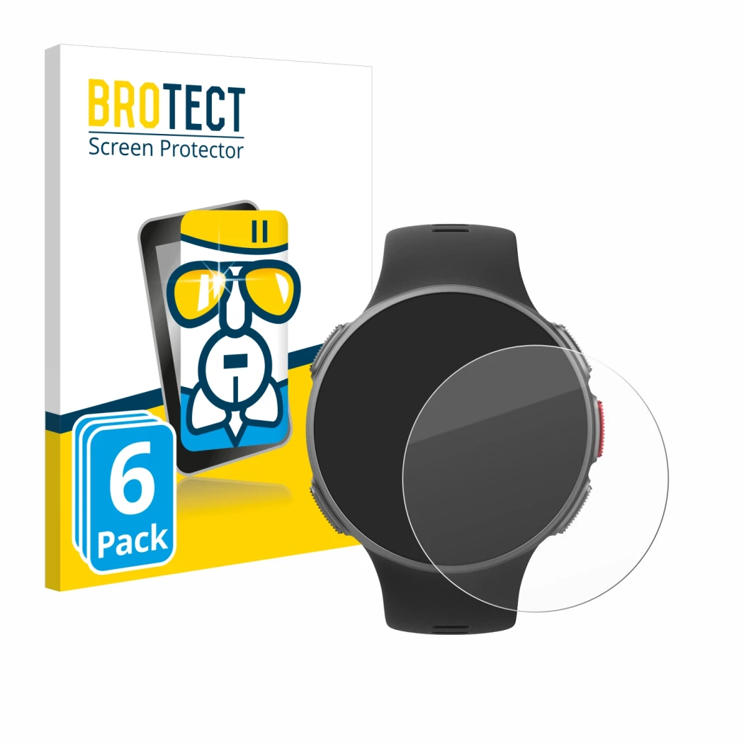 Parte frontal de un envase de producto con el logotipo de la marca BROTECT. Al lado se muestra el dispositivo Polar Vantage V 