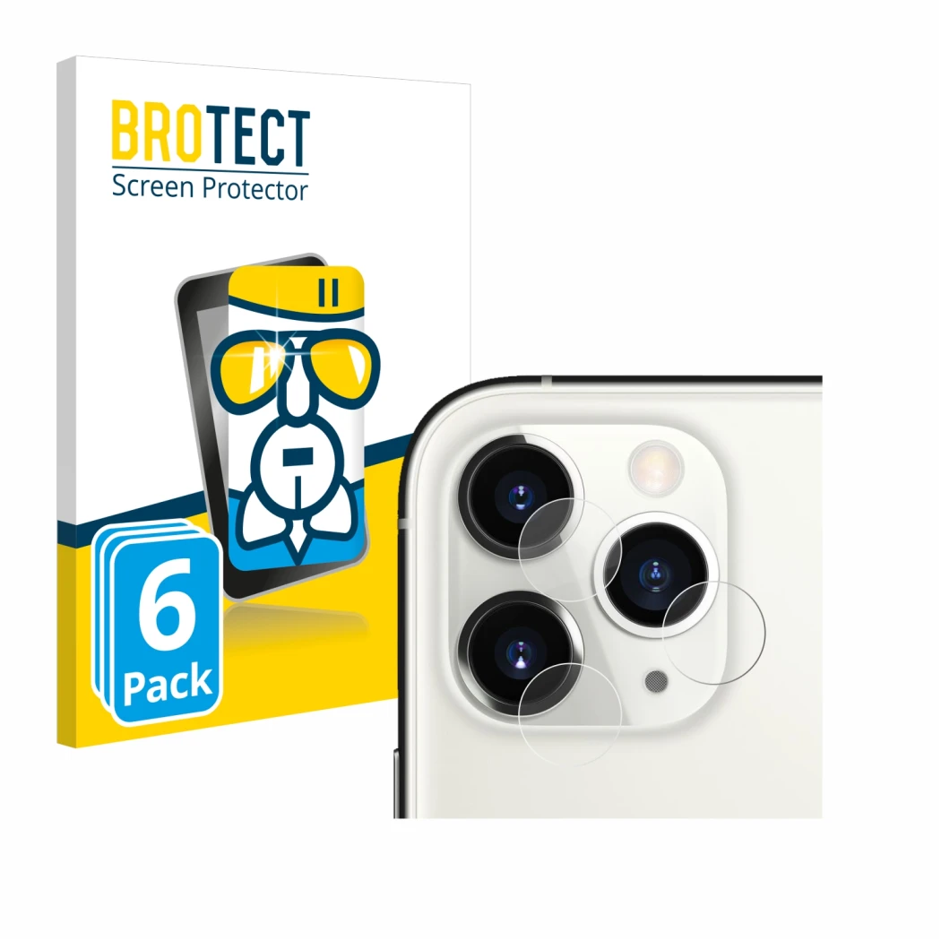 Parte frontal de un envase de producto con el logotipo de la marca BROTECT. Al lado se muestra el dispositivo Apple iPhone 11 