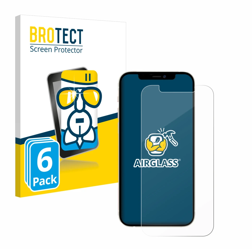 Parte frontal de un envase de producto con el logotipo de la marca BROTECT. Al lado se muestra el dispositivo Apple iPhone 12 