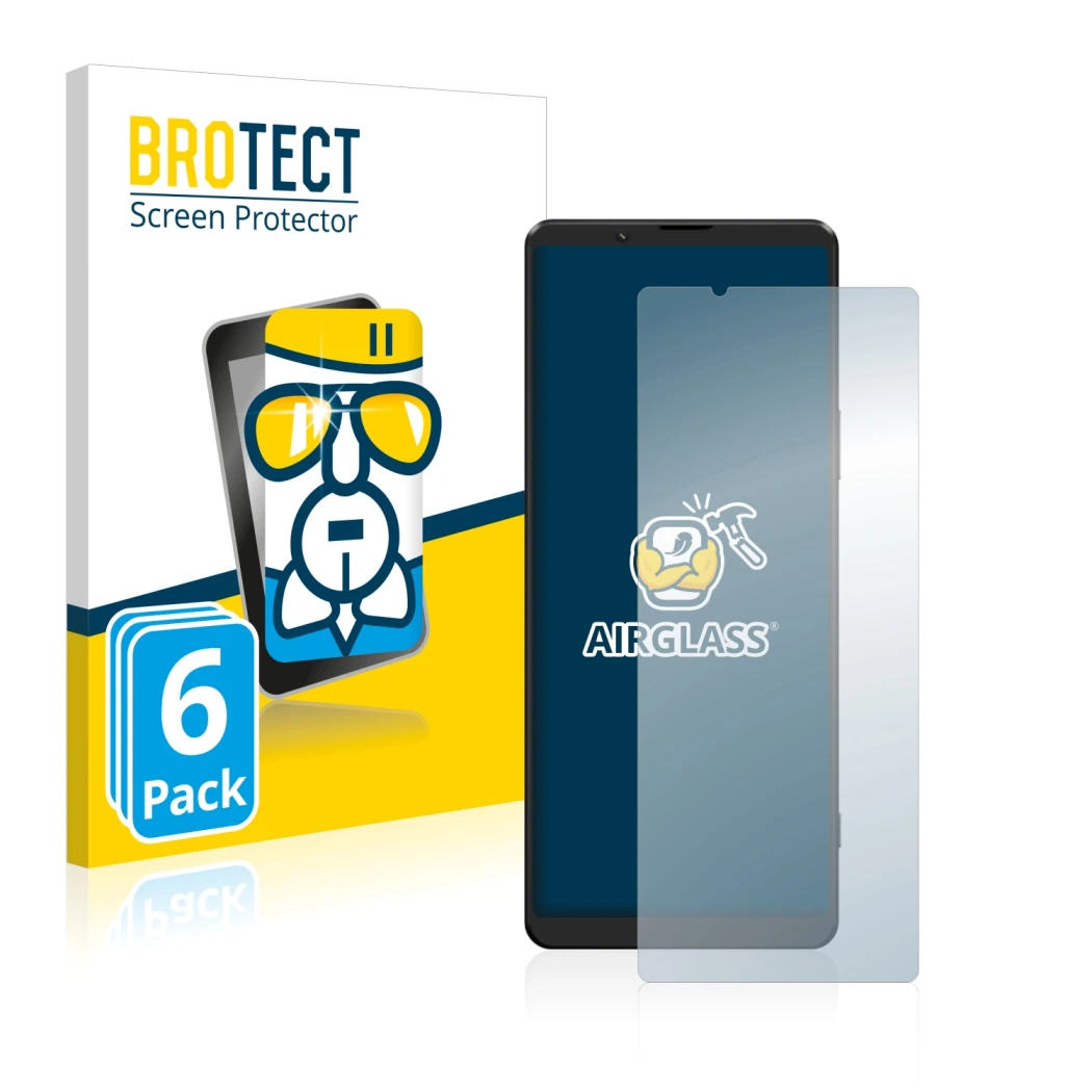 Parte frontal de un envase de producto con el logotipo de la marca BROTECT. Al lado se muestra el dispositivo Sony Xperia 1 II