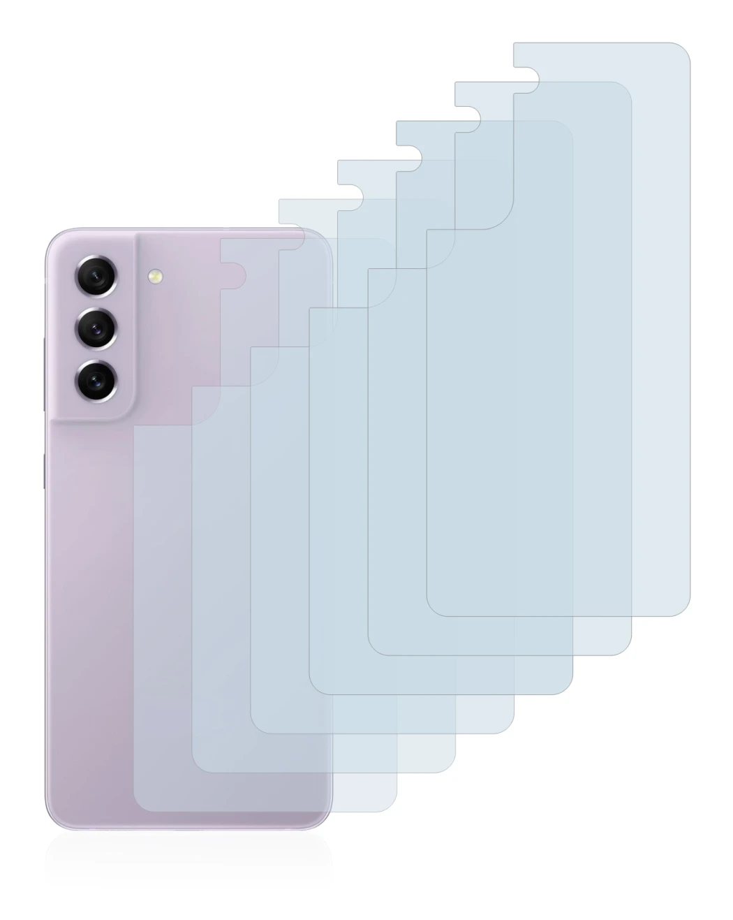 Imagen del dispositivo Samsung Galaxy S21 FE 5G (Trasero) con una amplia variedad de protectores de pantalla.