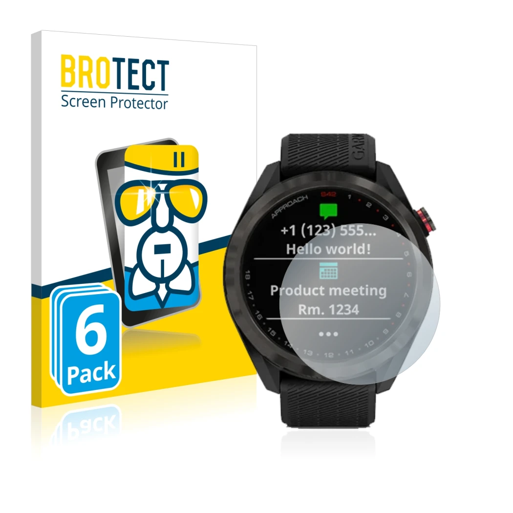 Parte frontal de un envase de producto con el logotipo de la marca BROTECT. Al lado se muestra el dispositivo Garmin Approach