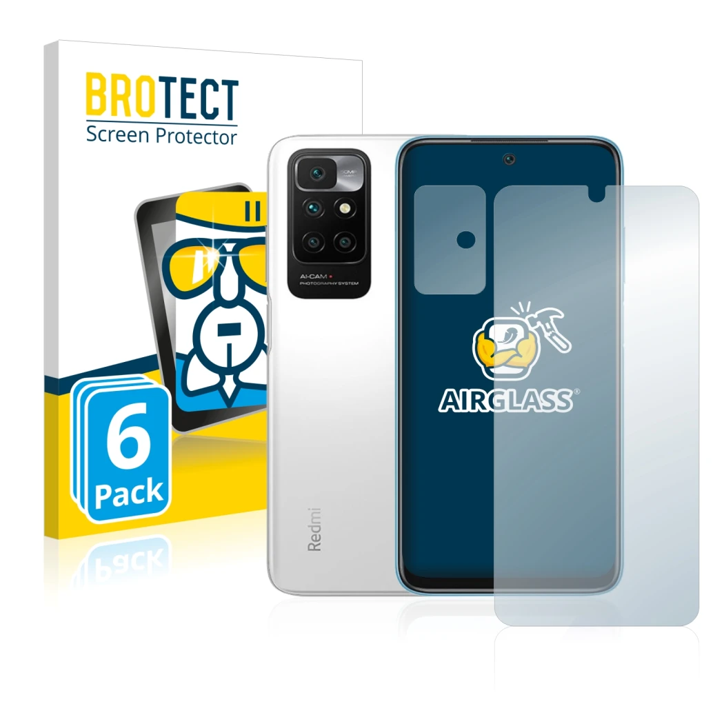 Parte frontal de un envase de producto con el logotipo de la marca BROTECT. Al lado se muestra el dispositivo Xiaomi Redmi 10