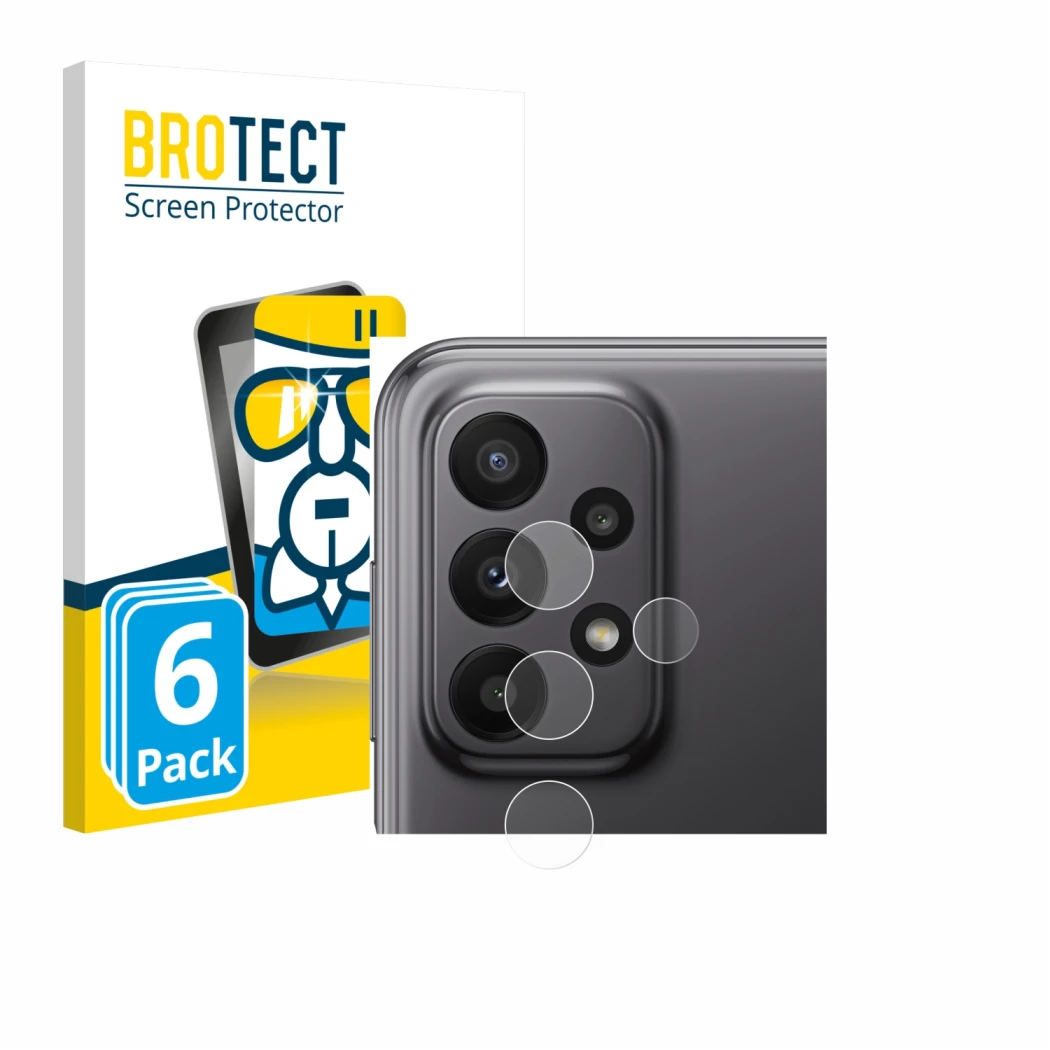 Parte frontal de un envase de producto con el logotipo de la marca BROTECT. Al lado se muestra el dispositivo Samsung Galaxy A