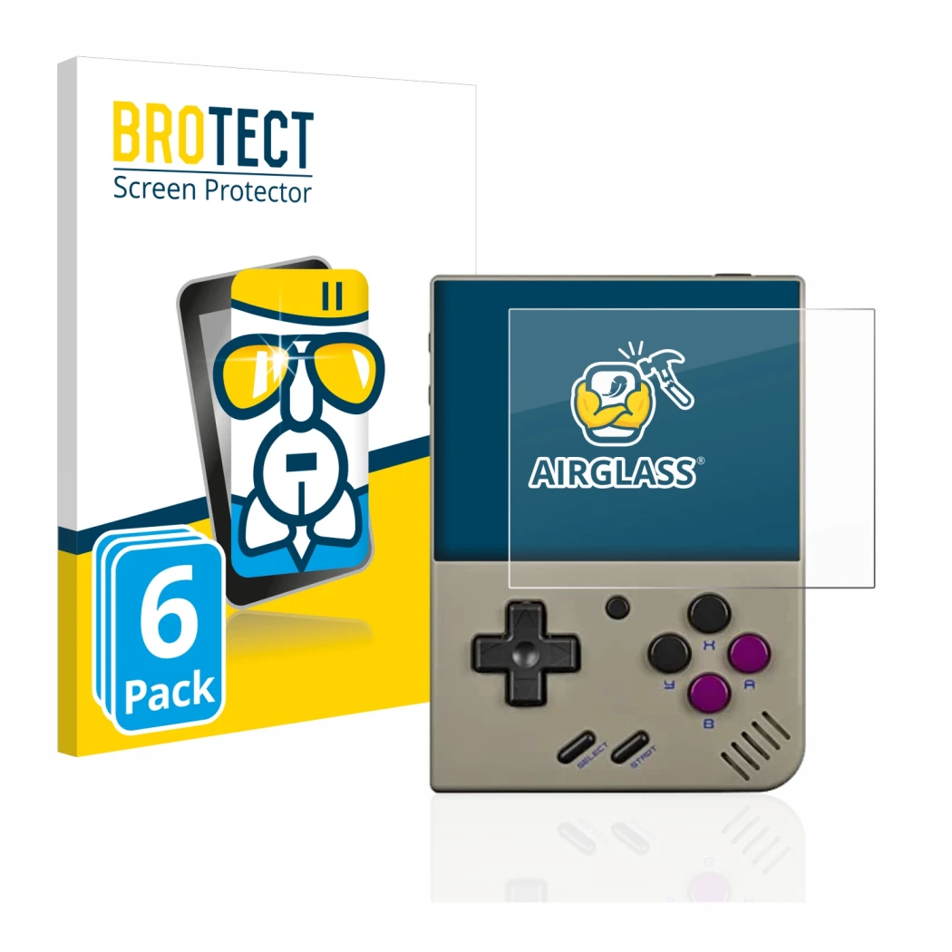 Parte frontal de un envase de producto con el logotipo de la marca BROTECT. Al lado se muestra el dispositivo Miyoo Mini Plus 