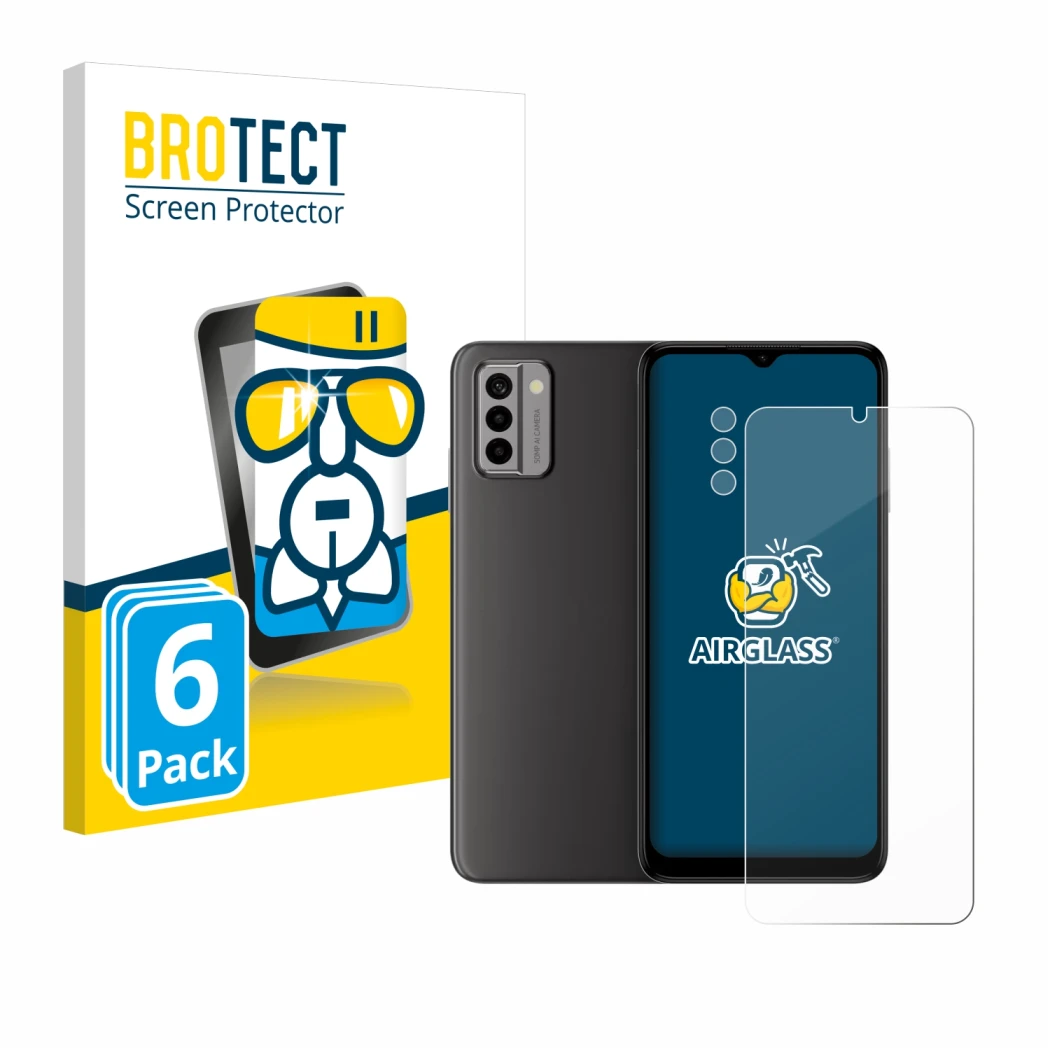 Parte frontal de un envase de producto con el logotipo de la marca BROTECT. Al lado se muestra el dispositivo Nokia G22 (Front