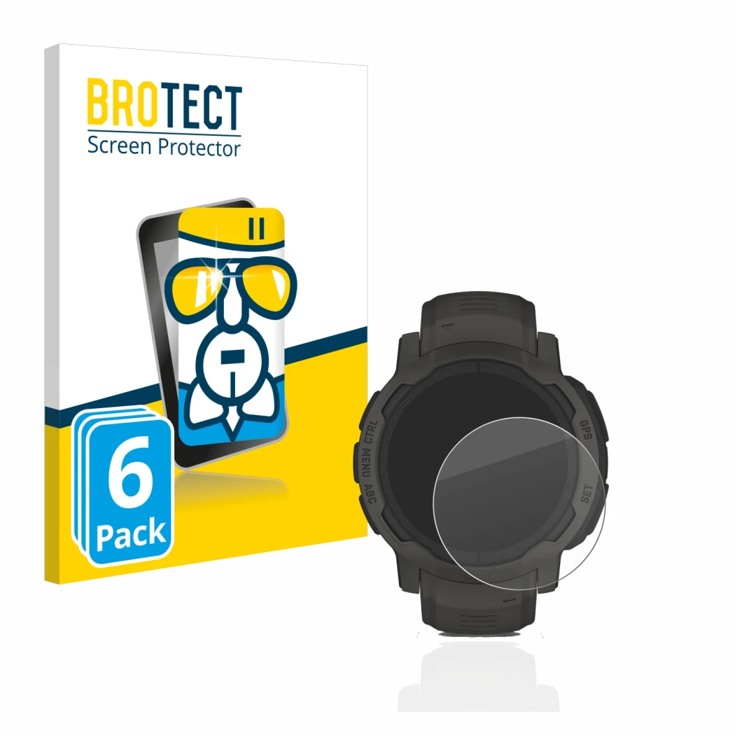 Parte frontal de un envase de producto con el logotipo de la marca BROTECT. Al lado se muestra el dispositivo Garmin Instinct 