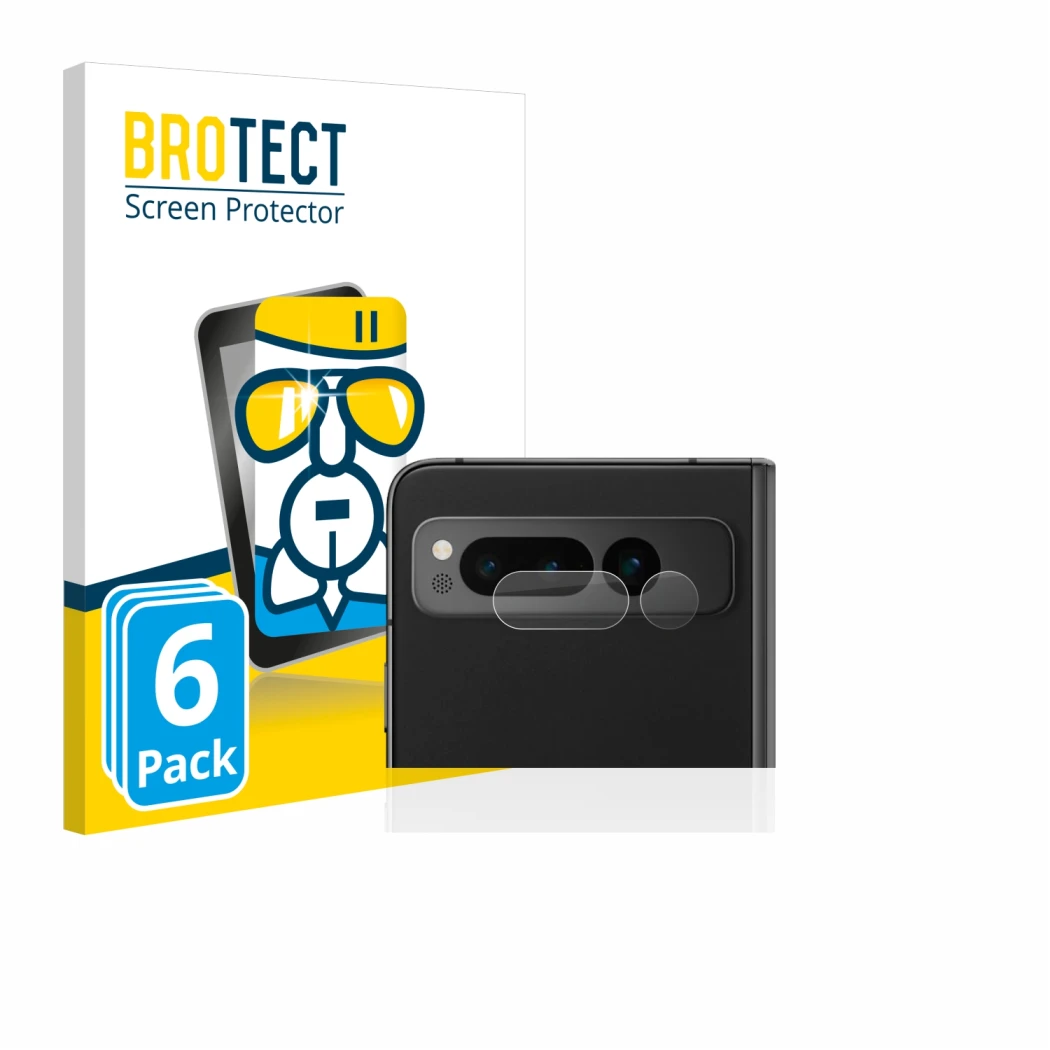 Parte frontal de un envase de producto con el logotipo de la marca BROTECT. Al lado se muestra el dispositivo Google Pixel Fol