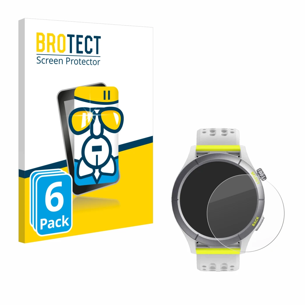 Parte frontal de un envase de producto con el logotipo de la marca BROTECT. Al lado se muestra el dispositivo Huami Amazfit Ch