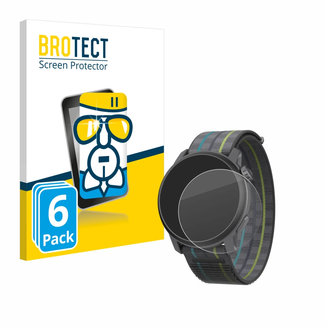 Parte frontal de un envase de producto con el logotipo de la marca BROTECT. Al lado se muestra el dispositivo Coros Pace 3 con