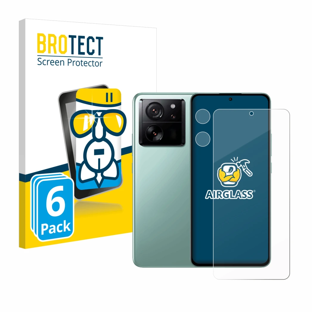 Parte frontal de un envase de producto con el logotipo de la marca BROTECT. Al lado se muestra el dispositivo Xiaomi 13T Pro (