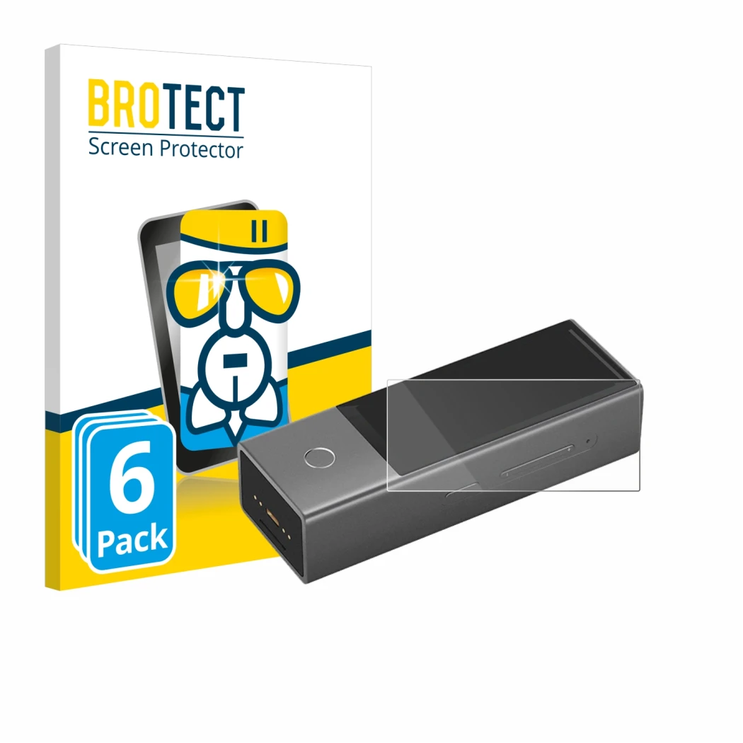 Parte frontal de un envase de producto con el logotipo de la marca BROTECT. Al lado se muestra el dispositivo Timekettle X1 co