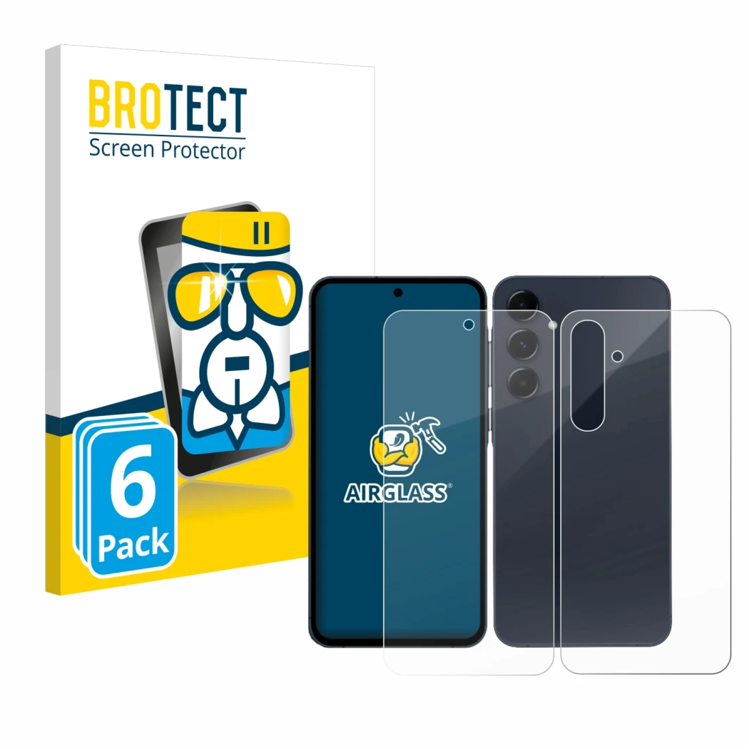Parte frontal de un envase de producto con el logotipo de la marca BROTECT. Al lado se muestra el dispositivo Samsung Galaxy A