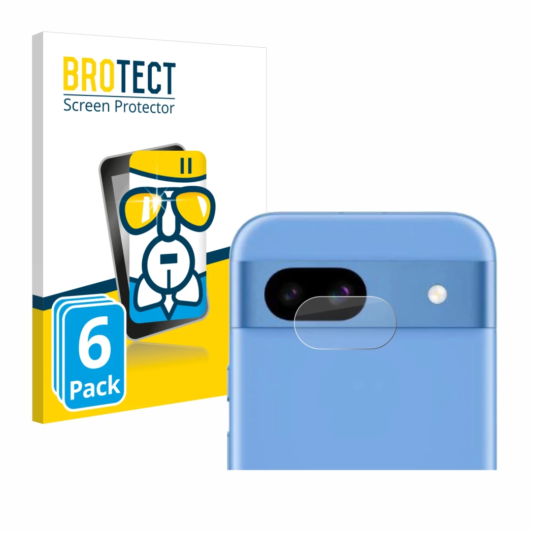 Parte frontal de un envase de producto con el logotipo de la marca BROTECT. Al lado se muestra el dispositivo Google Pixel 8a 