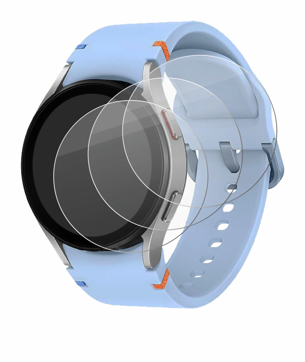Imagen del dispositivo Samsung Galaxy Watch FE con una amplia variedad de protectores de pantalla.