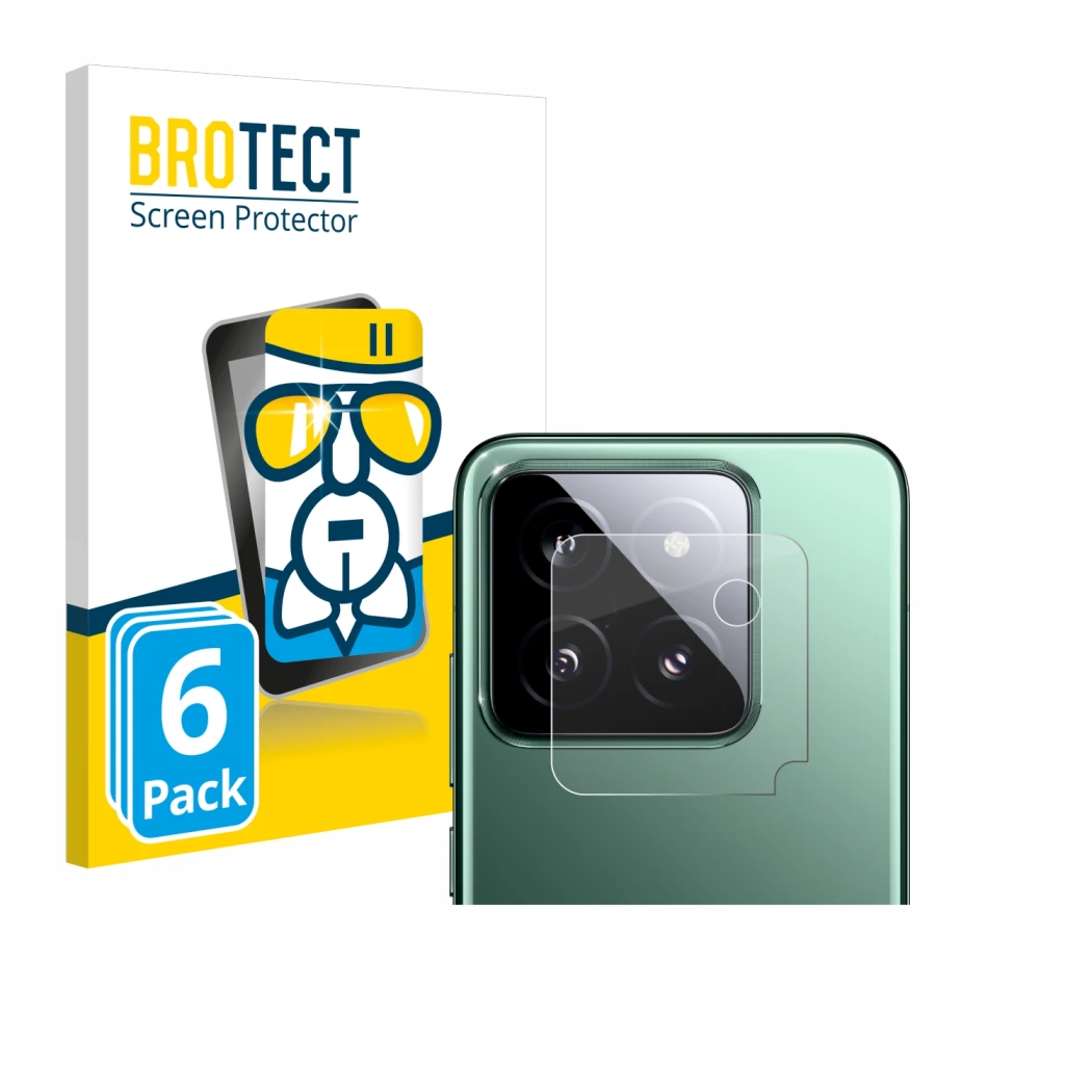 Parte frontal de un envase de producto con el logotipo de la marca BROTECT. Al lado se muestra el dispositivo Xiaomi 14 (SÓLO 