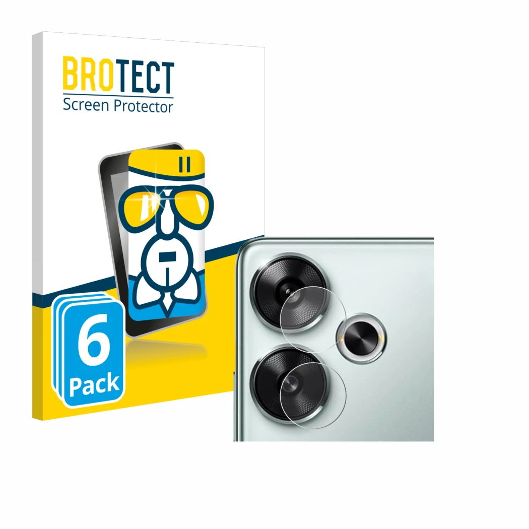 Parte frontal de un envase de producto con el logotipo de la marca BROTECT. Al lado se muestra el dispositivo Xiaomi Poco F6 (