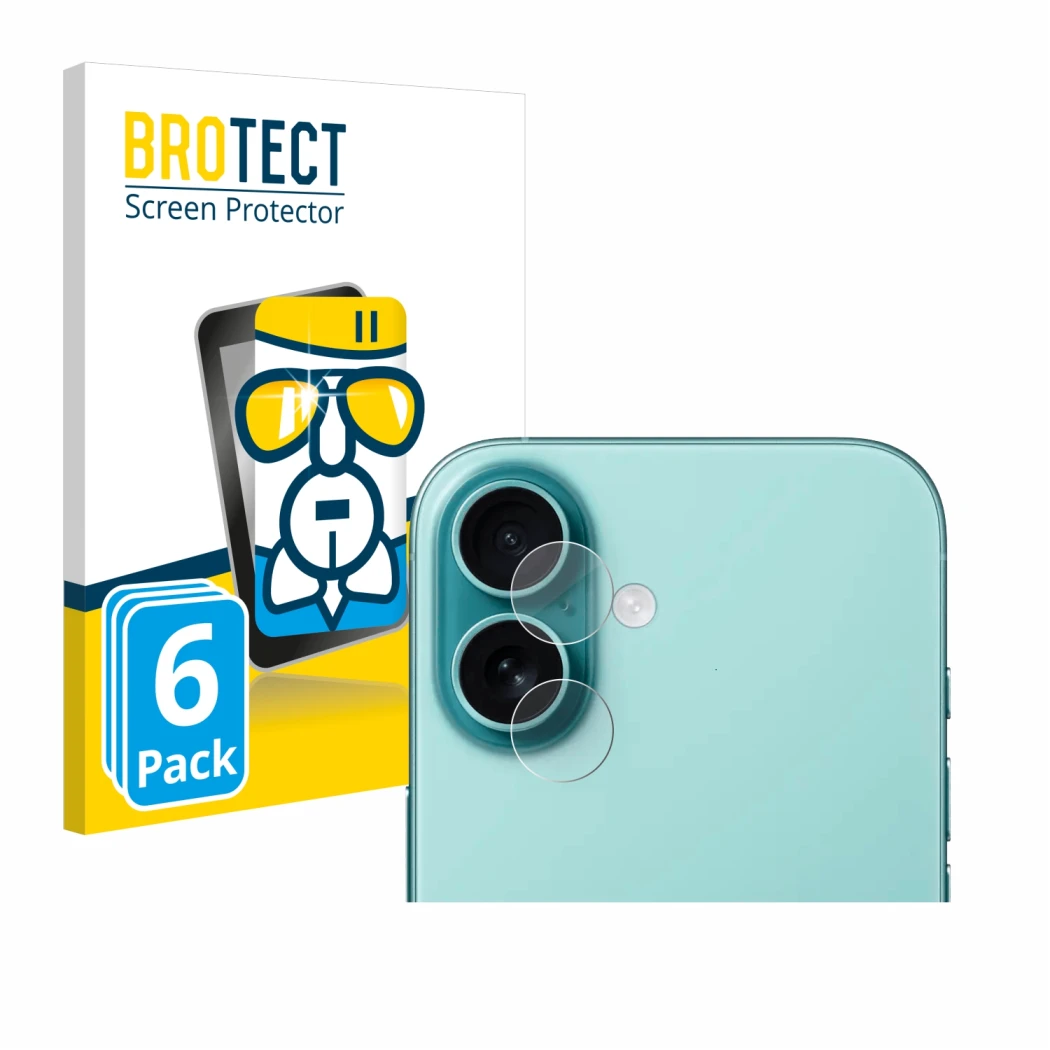 Parte frontal de un envase de producto con el logotipo de la marca BROTECT. Al lado se muestra el dispositivo Apple iPhone 16 