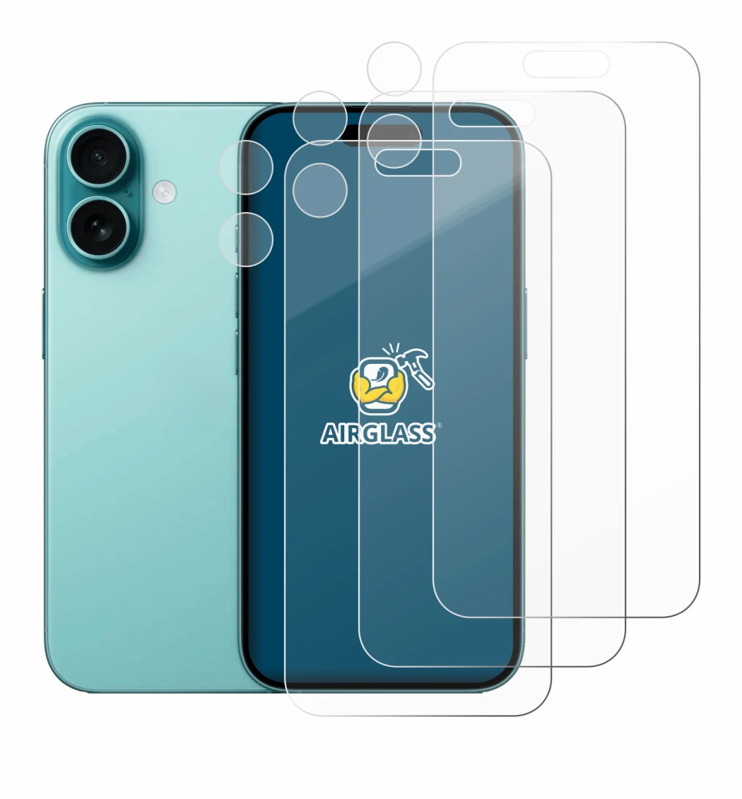 Imagen del dispositivo Apple iPhone 16 (Frontal+Cámara) con una amplia variedad de protectores de pantalla.