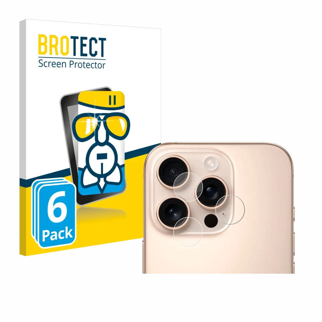 Parte frontal de un envase de producto con el logotipo de la marca BROTECT. Al lado se muestra el dispositivo Apple iPhone 16 