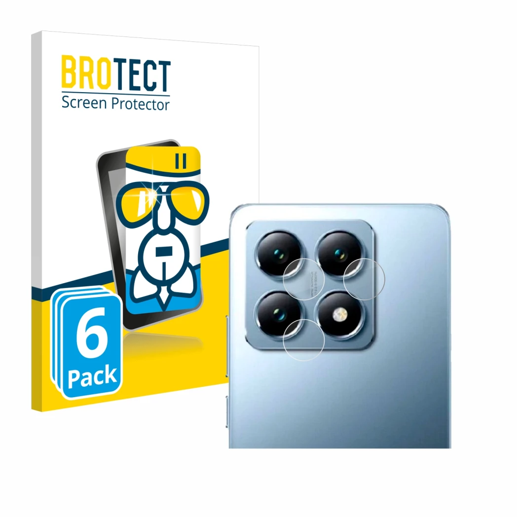 Parte frontal de un envase de producto con el logotipo de la marca BROTECT. Al lado se muestra el dispositivo Xiaomi 14T Pro (